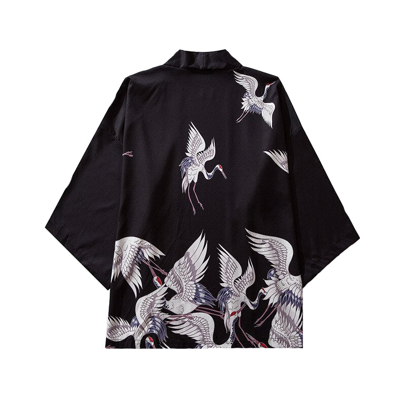 Cranes Flying Japanese Style 3/4 Sleeve Kimono - Black / M -