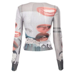 Crew Neck Red Lips Pattern Top