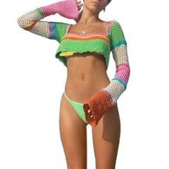 Crochet Crop Top Square Neck Knitted Camisole Long Sleeve