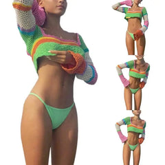 Crochet Crop Top Square Neck Knitted Camisole Long Sleeve