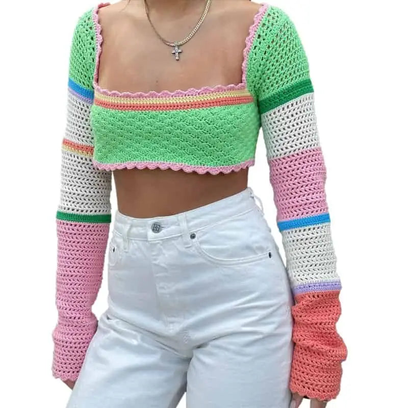 Crochet Crop Top Square Neck Knitted Camisole Long Sleeve
