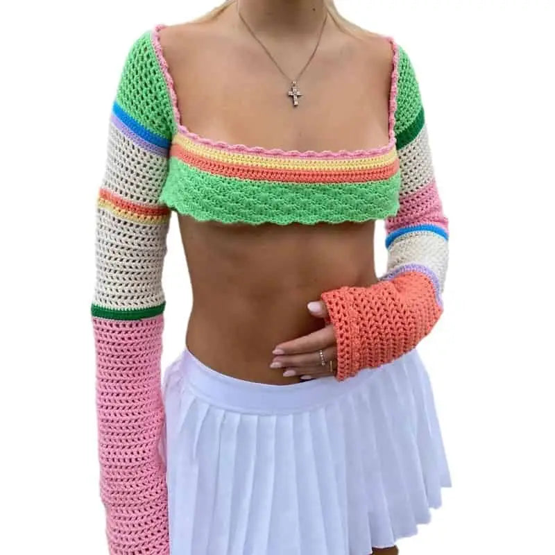 Crochet Crop Tops Square Neck Long Sleeve Knitted Camisole