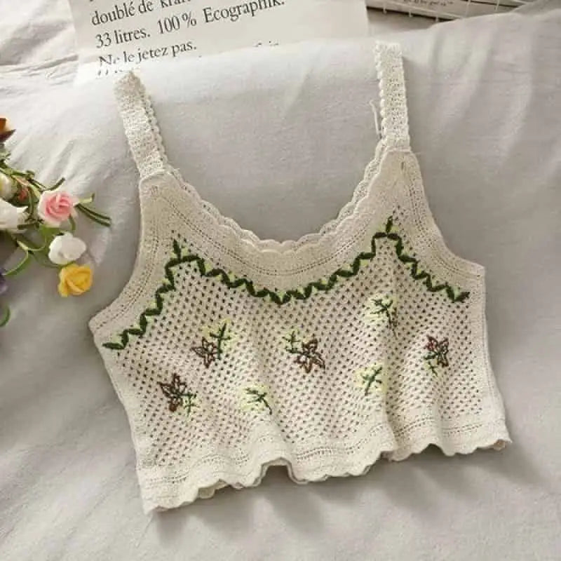 Crochet Floral Print Openwork Crop Tops - Apricot Green