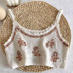 Crochet Floral Print Openwork Crop Tops - Coffe / One Size