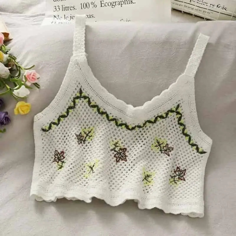 Crochet Floral Print Openwork Crop Tops - Green / One Size
