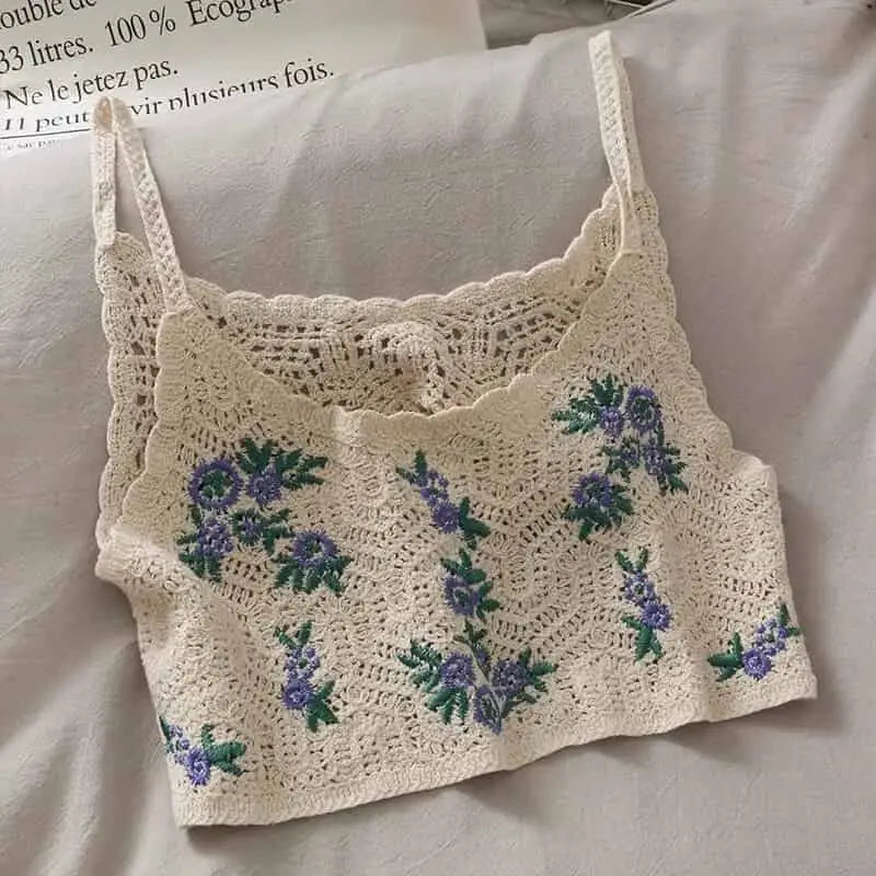 Crochet Floral Print Openwork Crop Tops - Lavender