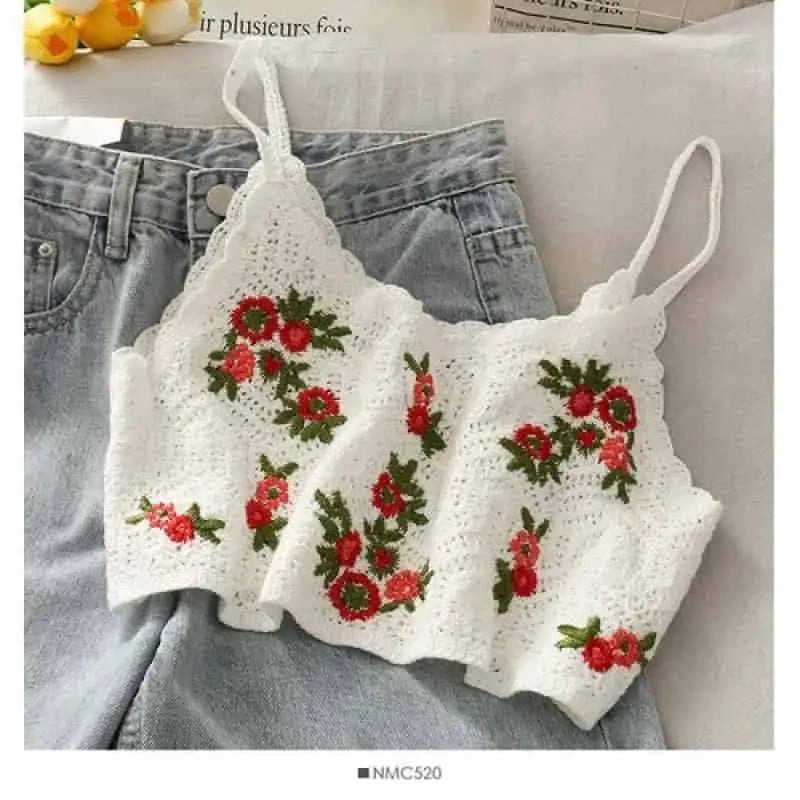 Crochet Floral Print Openwork Crop Tops - Roses / One Size