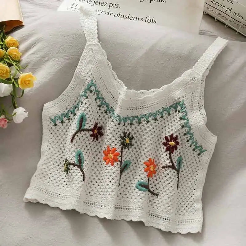 Crochet Floral Print Openwork Crop Tops - White Green