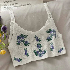 Crochet Floral Print Openwork Crop Tops - White / One Size