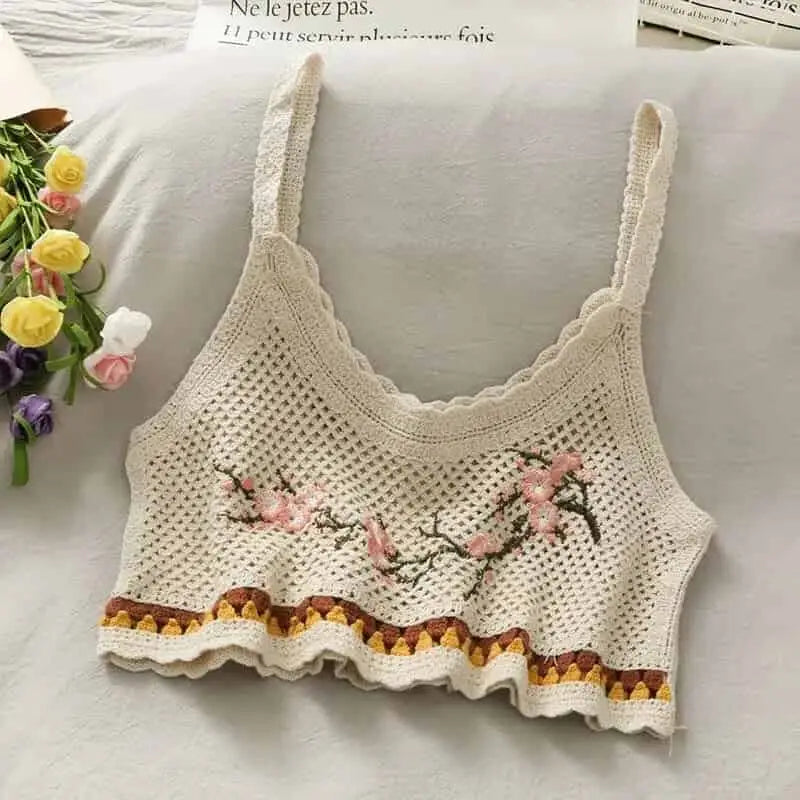 Crochet Floral Print Sleeveless Crop Tops Apricot Brown