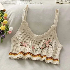 Crochet Floral Print Sleeveless Crop Tops Apricot Brown