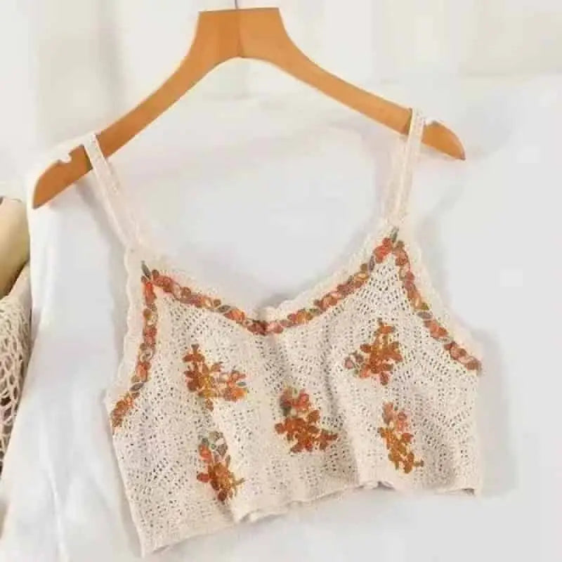 Crochet Floral Print Sleeveless Crop Tops Apricot / One Size