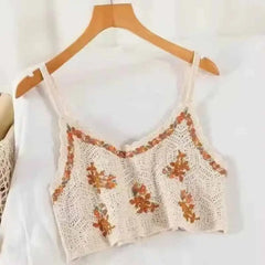 Crochet Floral Print Sleeveless Crop Tops Apricot / One Size