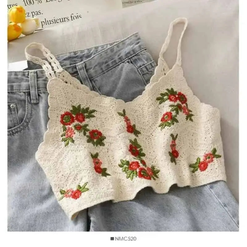 Crochet Floral Print Sleeveless Crop Tops Beige Roses