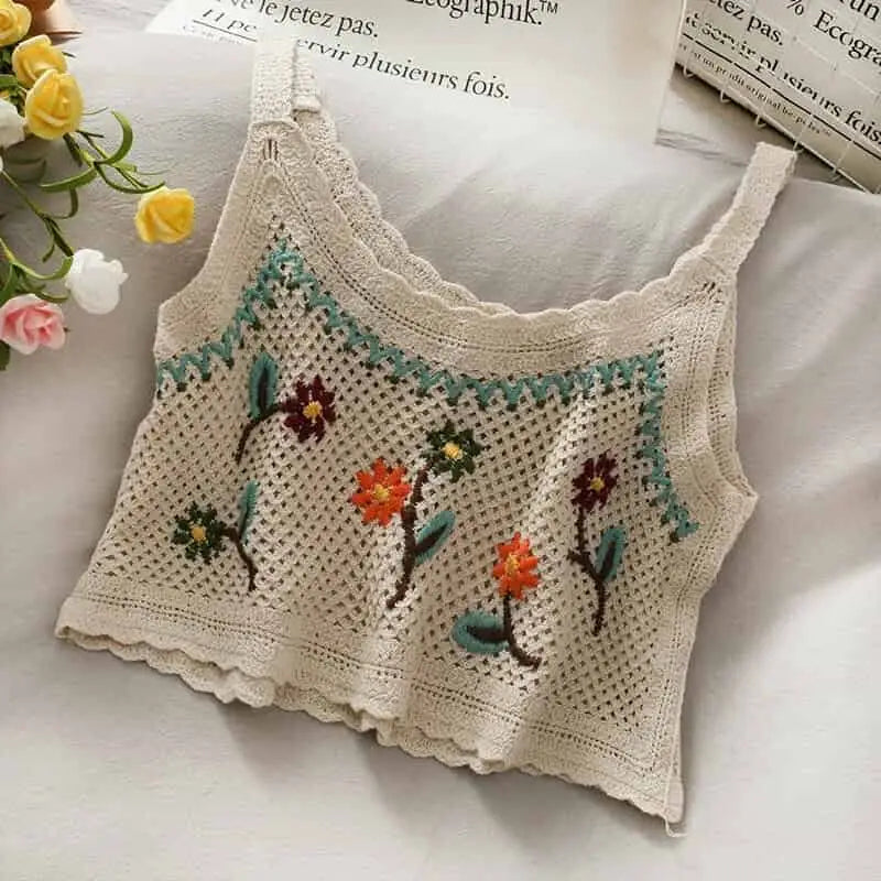 Crochet Floral Print Sleeveless Crop Tops Flowers Apricot