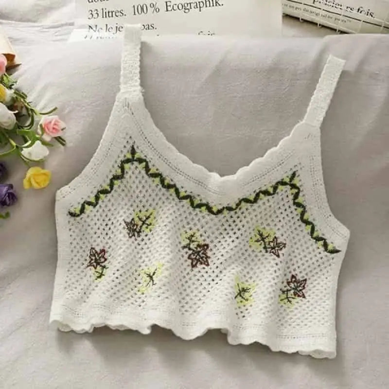 Crochet Floral Print Sleeveless Crop Tops Green / One Size