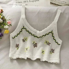 Crochet Floral Print Sleeveless Crop Tops Green / One Size