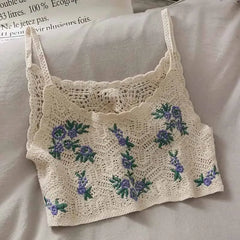 Crochet Floral Print Sleeveless Crop Tops Lavender