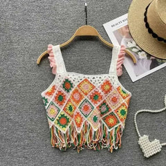 Crochet Floral Print Sleeveless Crop Tops Orange / One Size