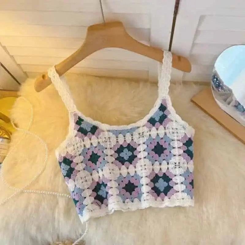 Crochet Floral Print Sleeveless Crop Tops Purple / One Size