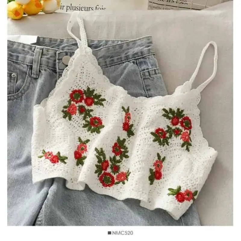 Crochet Floral Print Sleeveless Crop Tops Roses / One Size