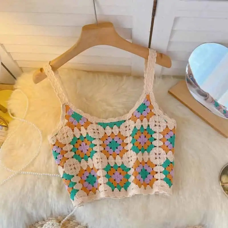 Crochet Floral Print Sleeveless Crop Tops