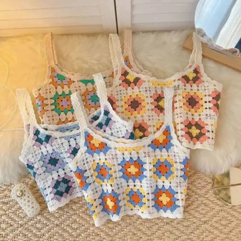 Crochet Floral Print Sleeveless Crop Tops