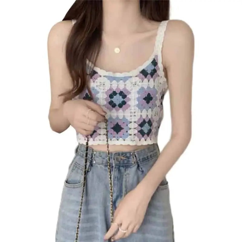 Crochet Floral Print Sleeveless Crop Tops