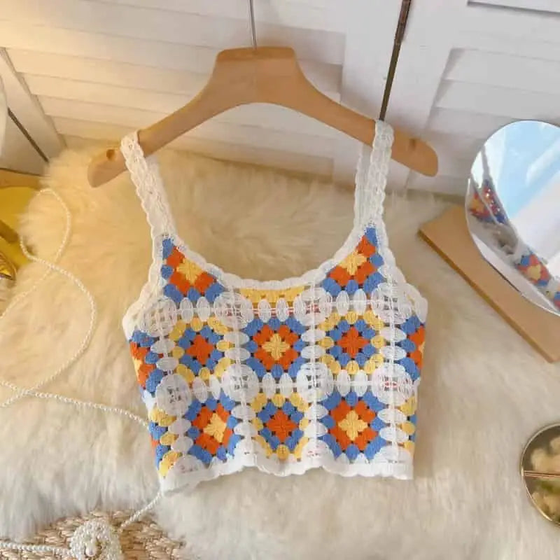 Crochet Floral Print Sleeveless Crop Tops