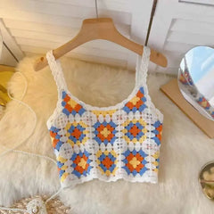 Crochet Floral Print Sleeveless Crop Tops