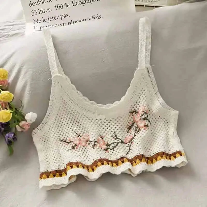 Crochet Floral Print Sleeveless Crop Tops White Roses Pink