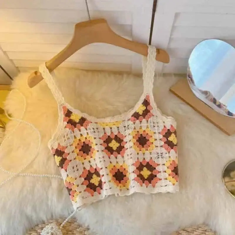 Crochet Floral Print Sleeveless Crop Tops Yellow / One Size