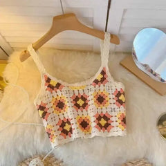 Crochet Floral Print Sleeveless Crop Tops Yellow / One Size
