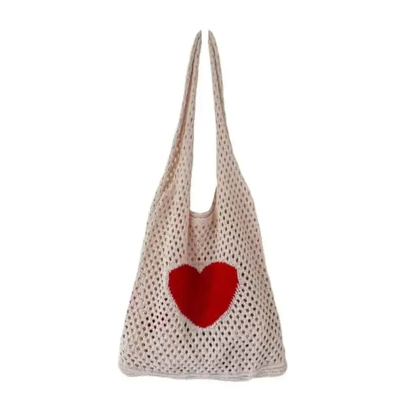 Crochet Heart Hollow Out Knitted Shoulder Bag - Apricot