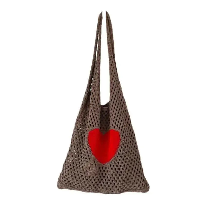 Crochet Heart Hollow Out Knitted Shoulder Bag - Gray