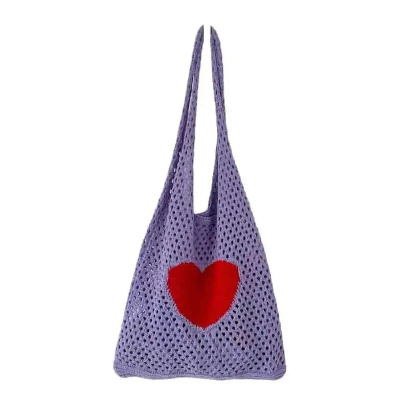 Crochet Heart Hollow Out Knitted Shoulder Bag - Purple
