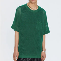 Crochet Hollow T-Shirt with Pocket and Round Neck