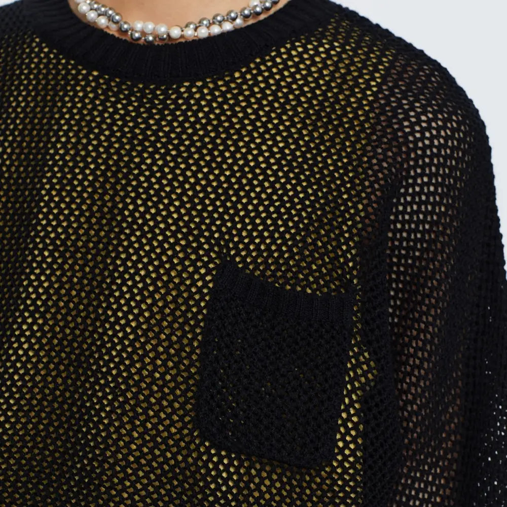 Crochet Hollow T-Shirt with Pocket and Round Neck