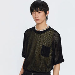 Crochet Hollow T-Shirt with Pocket and Round Neck