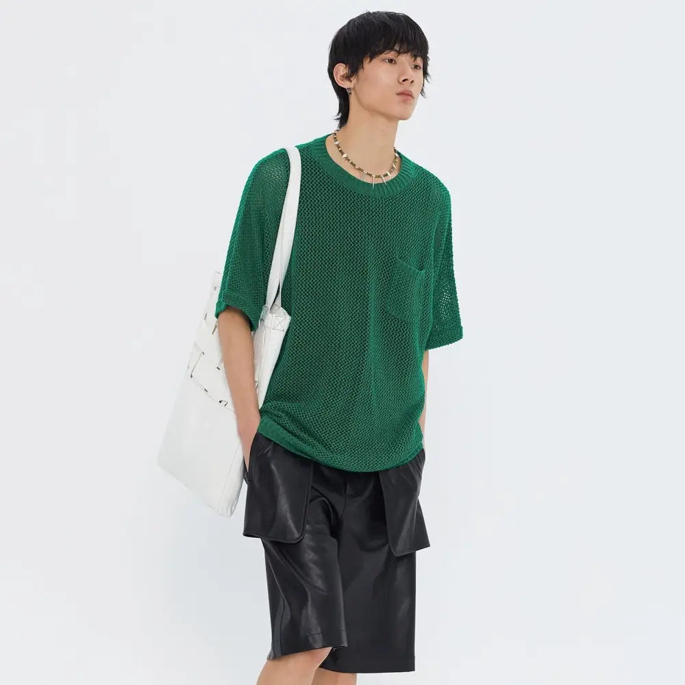 Crochet Hollow T-Shirt with Pocket and Round Neck Green / XS