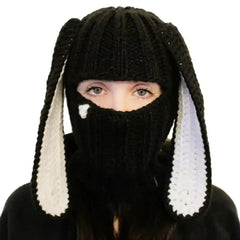 Crochet Knitted Balaclava Bunny Hat with Ears Black