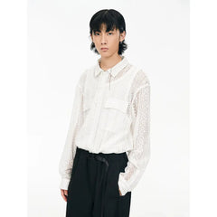 Crochet Lace Long Sleeve Shirt with Point Collar