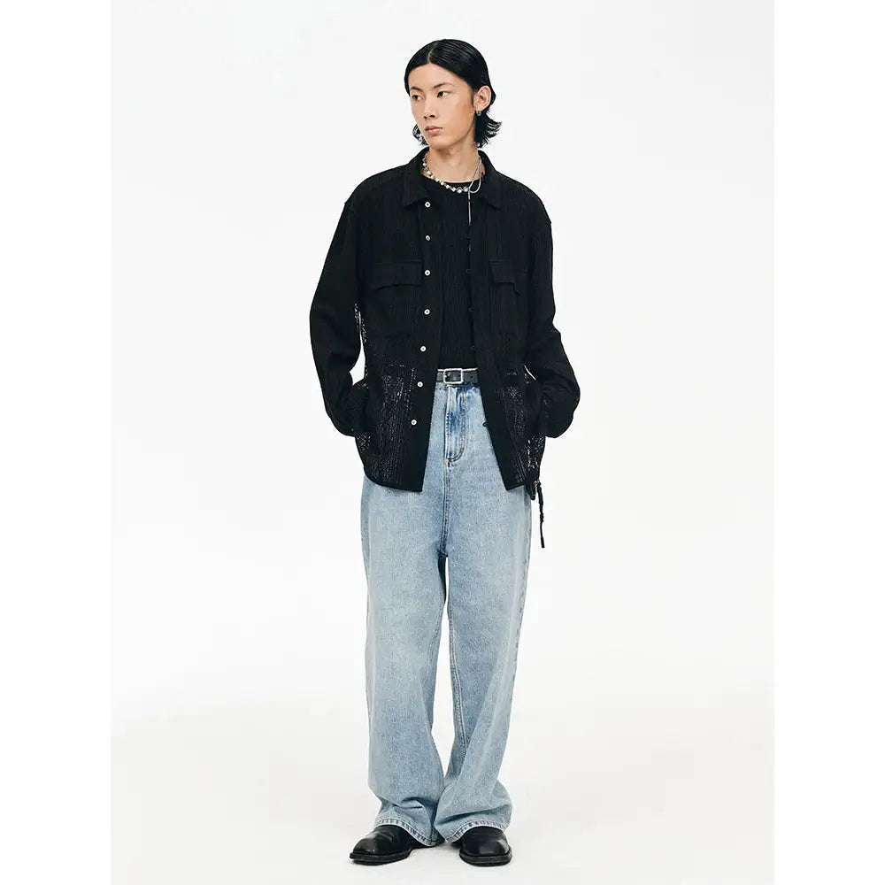 Crochet Lace Long Sleeve Shirt with Point Collar