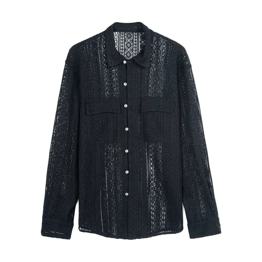 Crochet Lace Long Sleeve Shirt with Point Collar