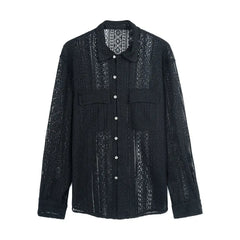 Crochet Lace Long Sleeve Shirt with Point Collar