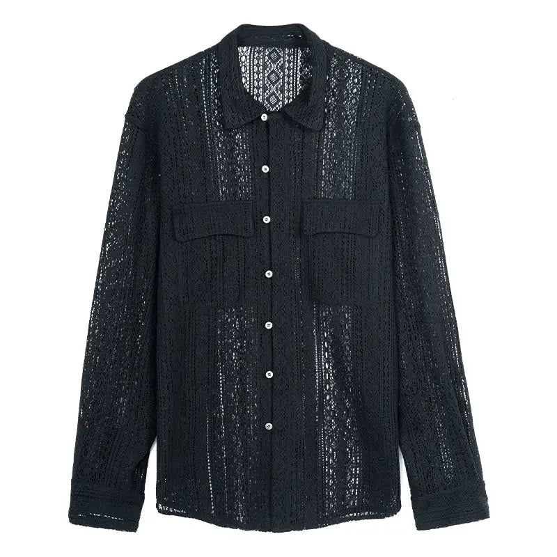 Crochet Lace Long Sleeve Shirt with Point Collar Black / XS
