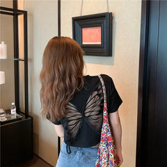 Crop Top Butterfly 3D Mesh Short Sleeve Round Neck Black / S