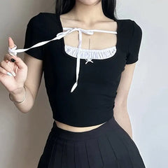 Crop Top Contrast Stitch Sweet Square Collar Style