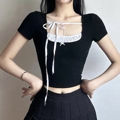 Crop Top Contrast Stitch Sweet Square Collar Style