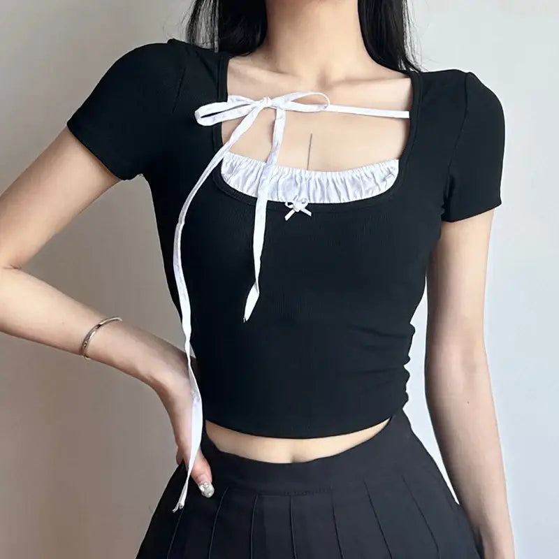 Crop Top Contrast Stitch Sweet Square Collar Style